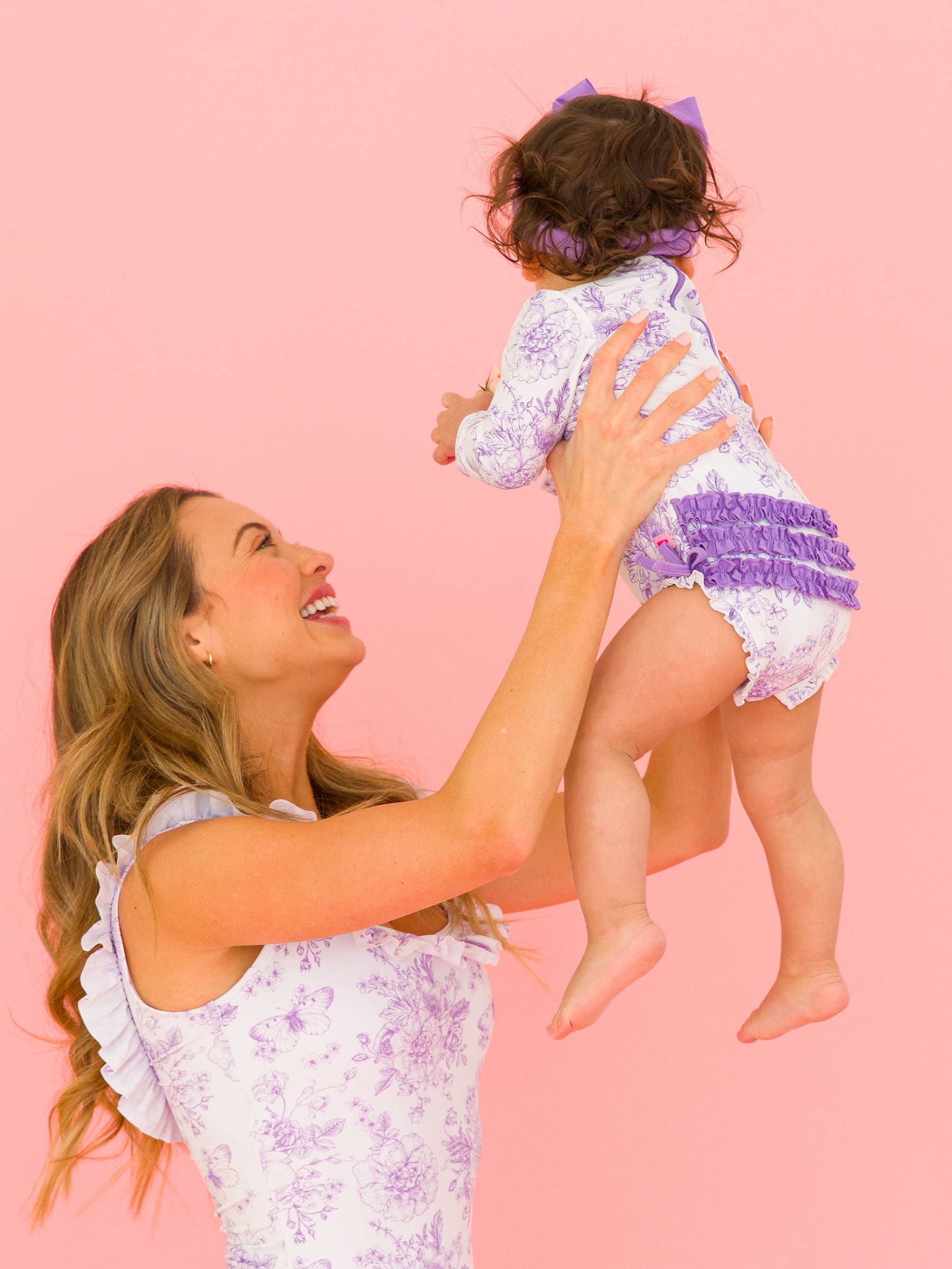 Wisteria Purple Butterfly Garden Toile Long Sleeve One Piece Swimsuit