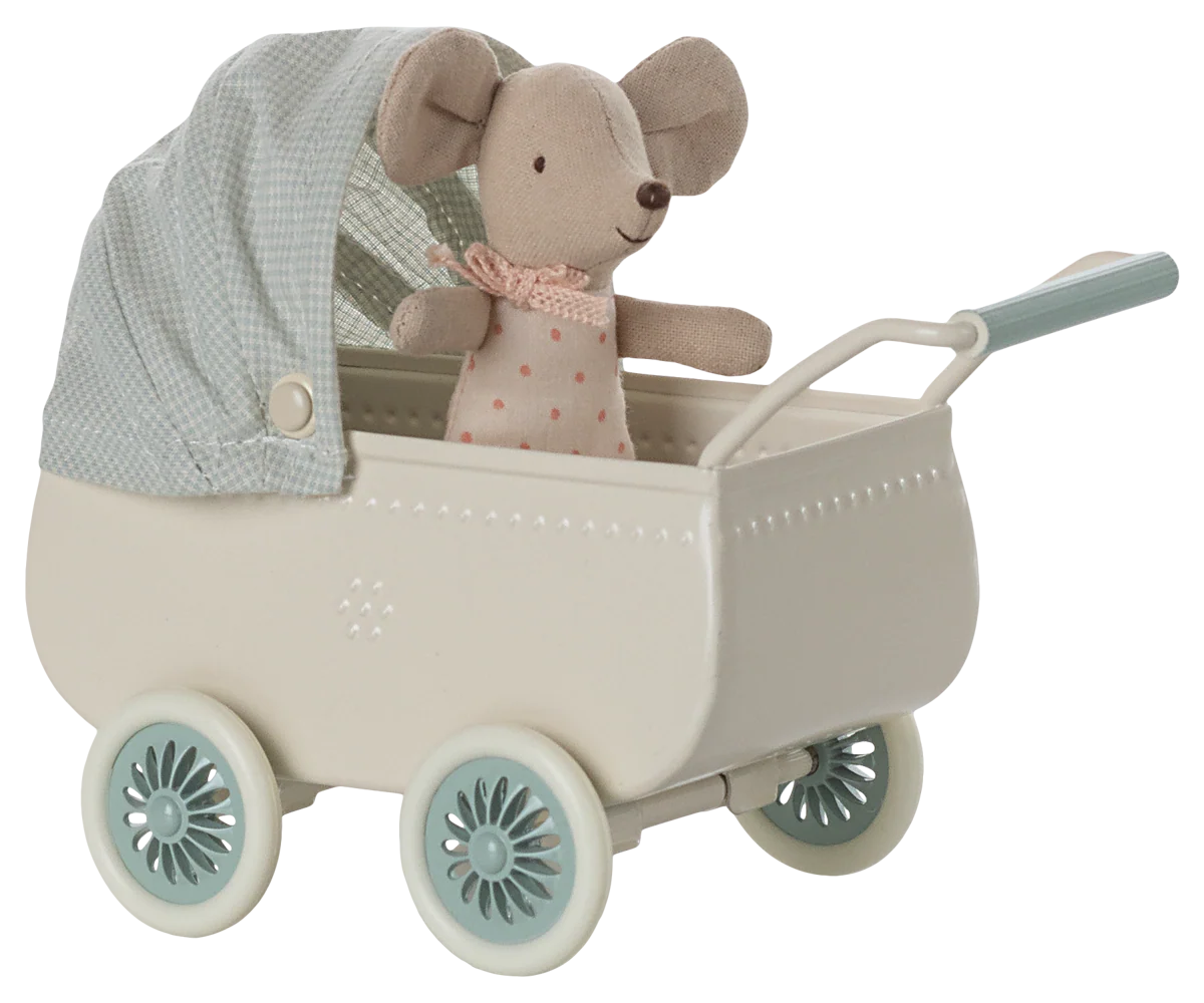 Mouse Pram with Baby Mouse - Mint