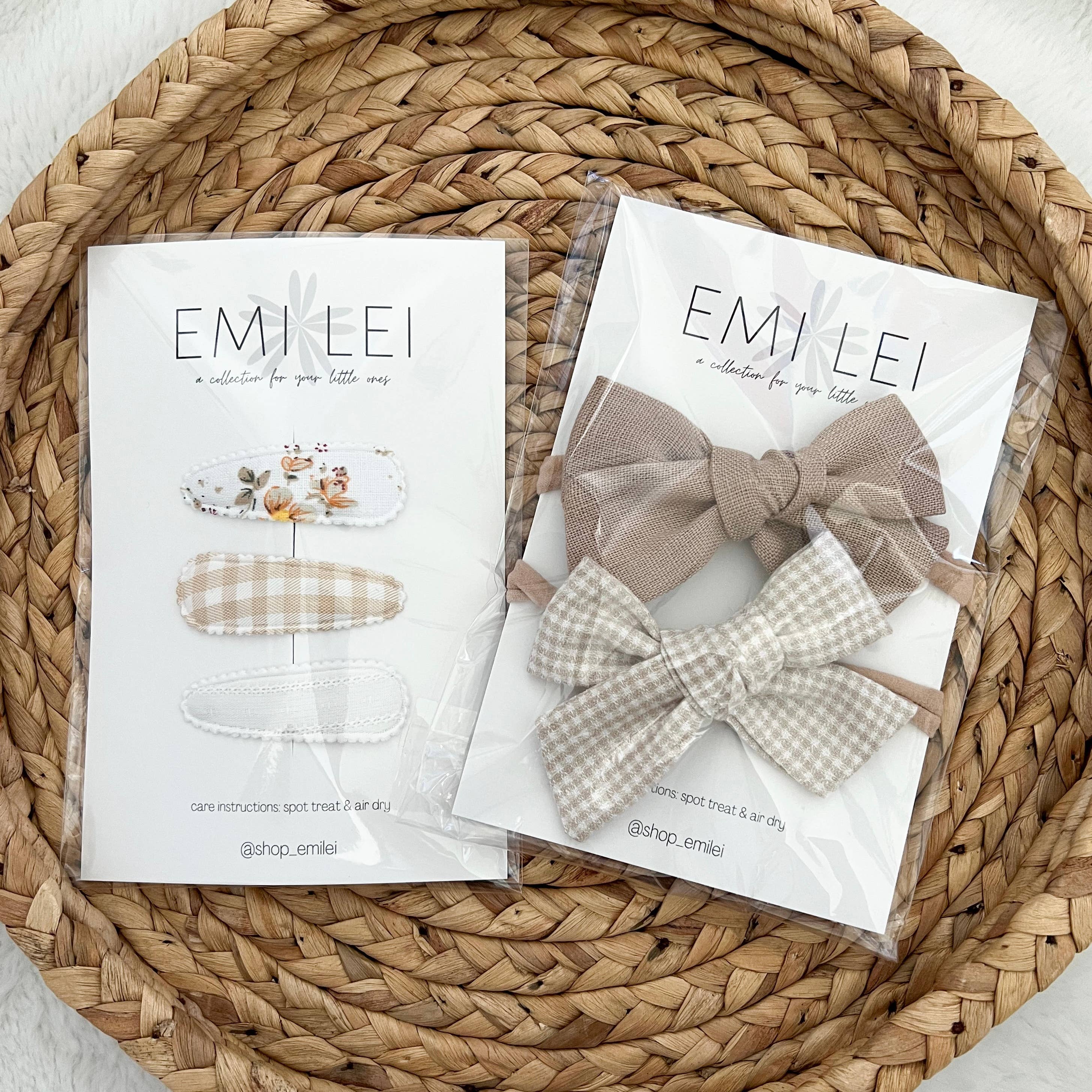 Nylon Bow Headband Set - Taupe Linen/Mini Check