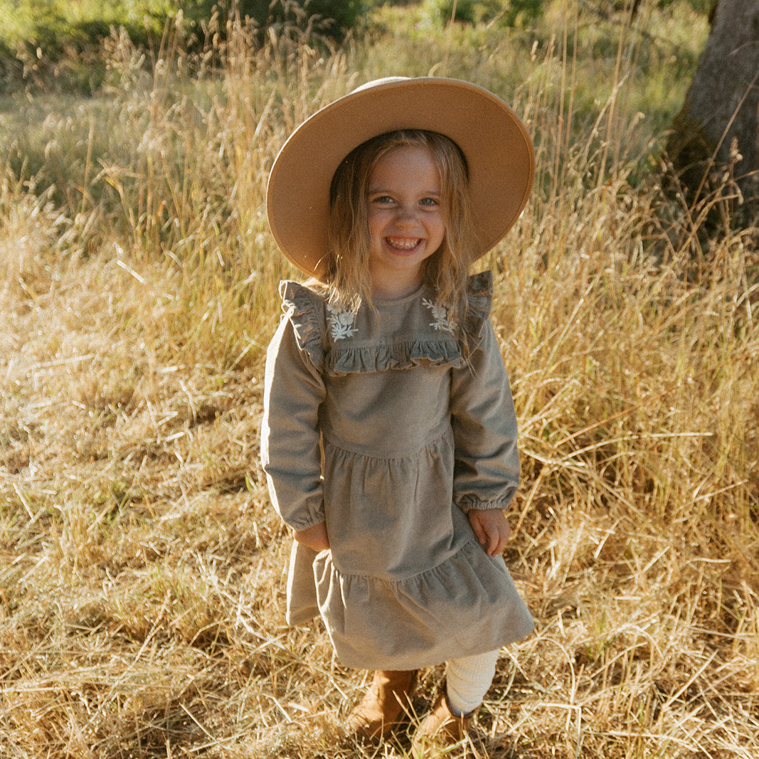 Organic Embroidered Corduroy Dress - Olive