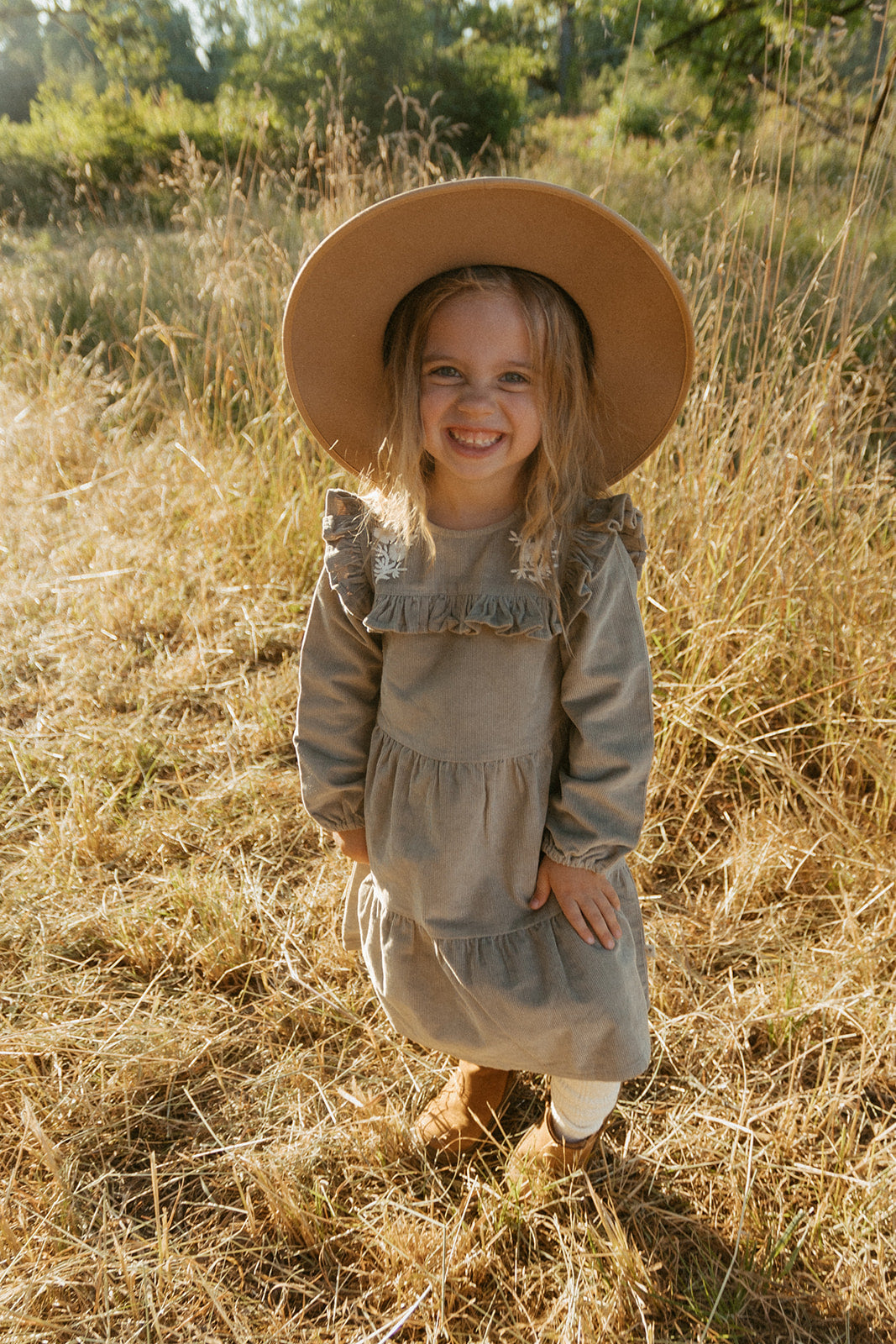 Organic Embroidered Corduroy Dress - Olive