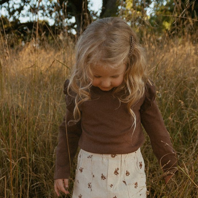 Organic Ruffle Long Sleeve Top - Dark Brown