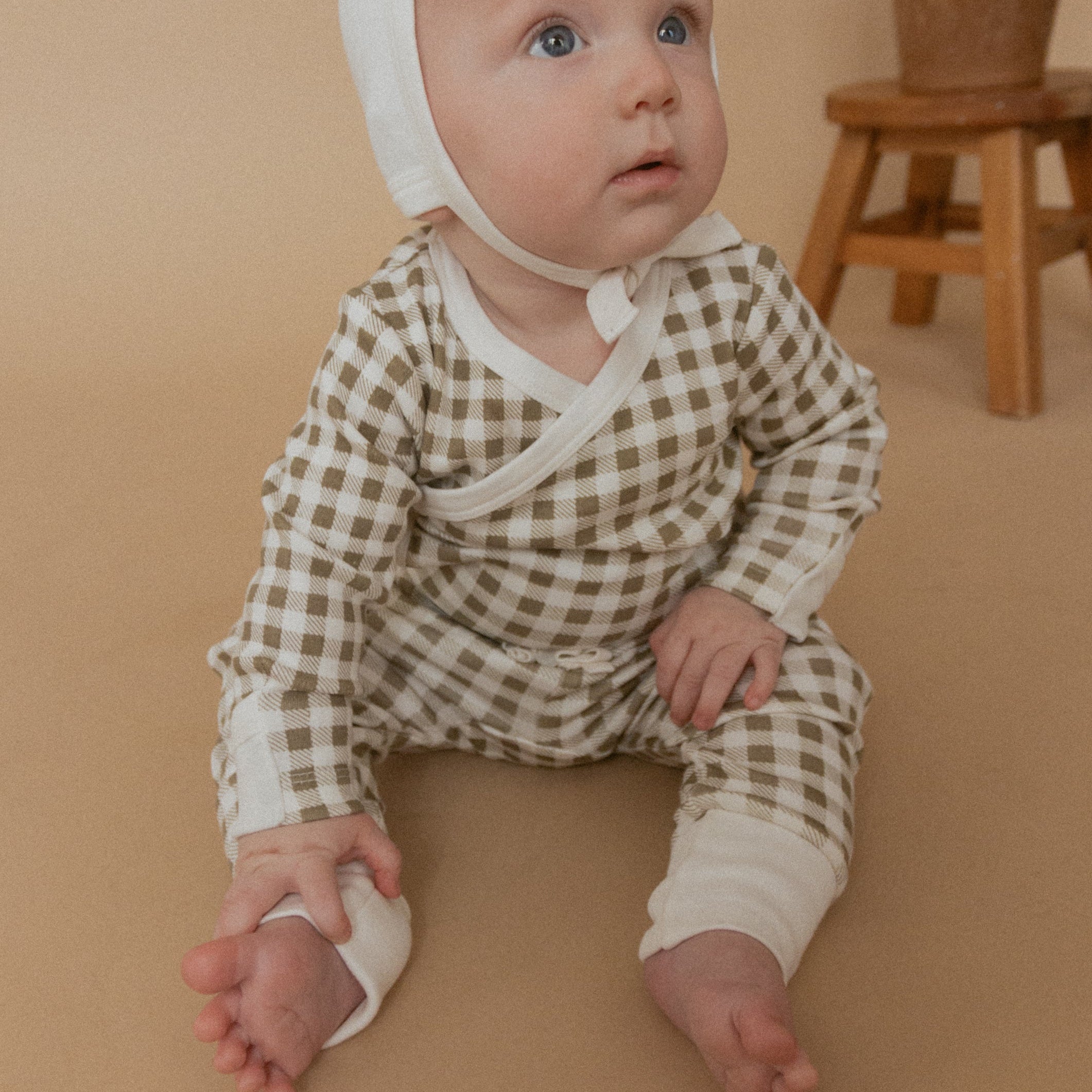 Organic Kimono Onesie & Pant Set - Olive Gingham