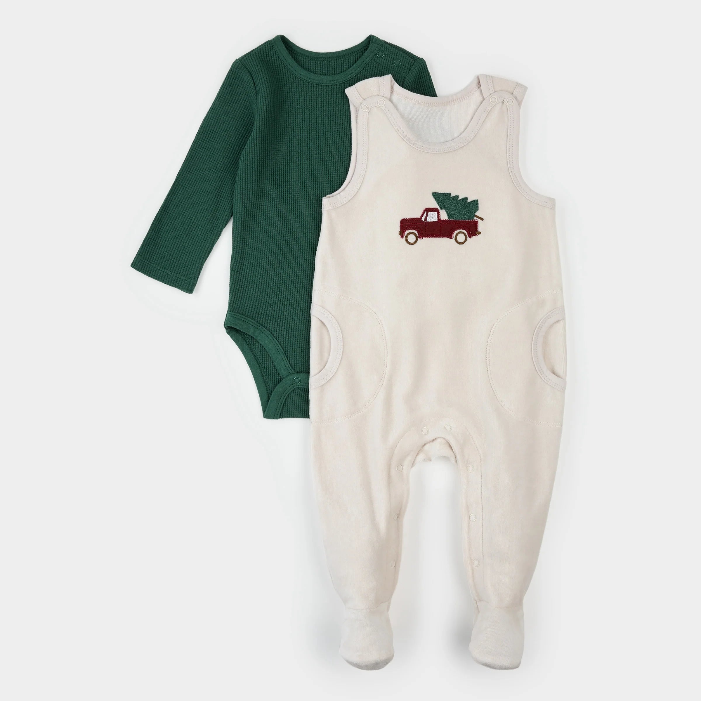 Dark Green Striped Thermal Overall Set