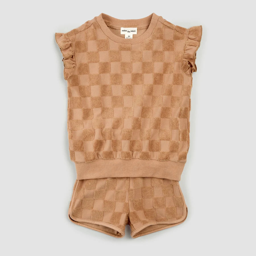 Checkerboard Rosewood Terry Cloth Girl's Outfit Set