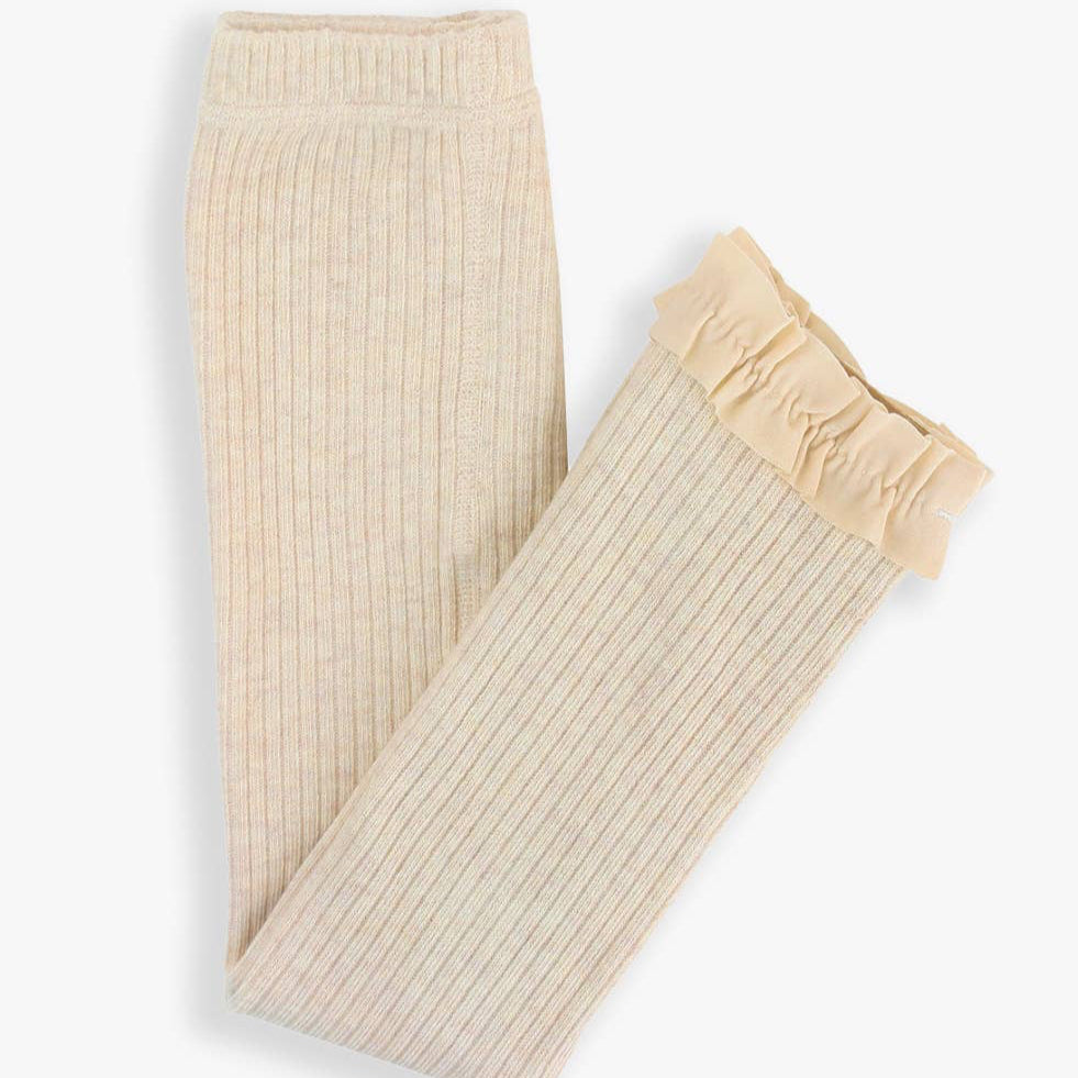 Girls Oatmeal Rib Knit Footless Ruffled Tights