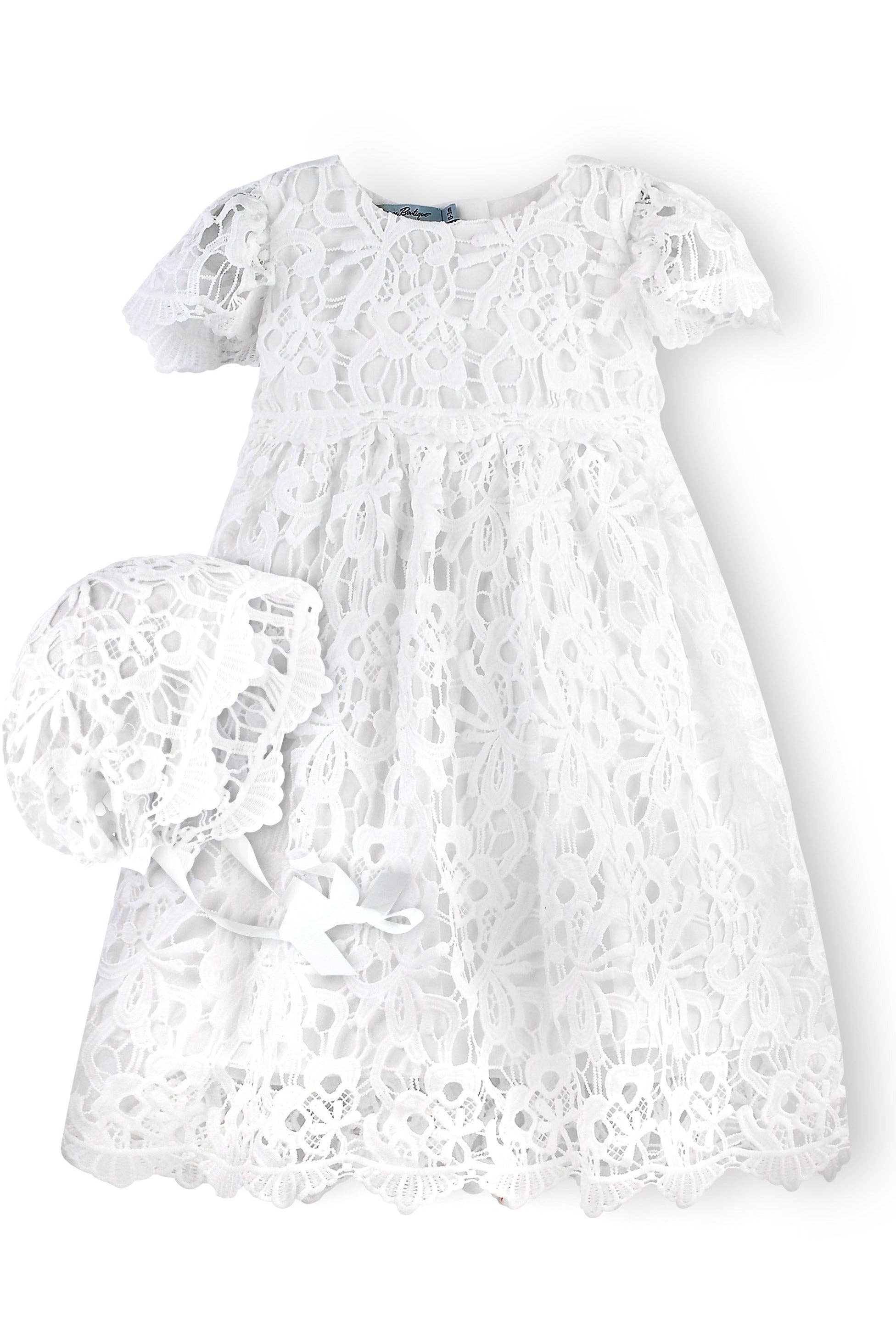 Baby Girls White Lace Christening & Baptism Dress w/Bonnet