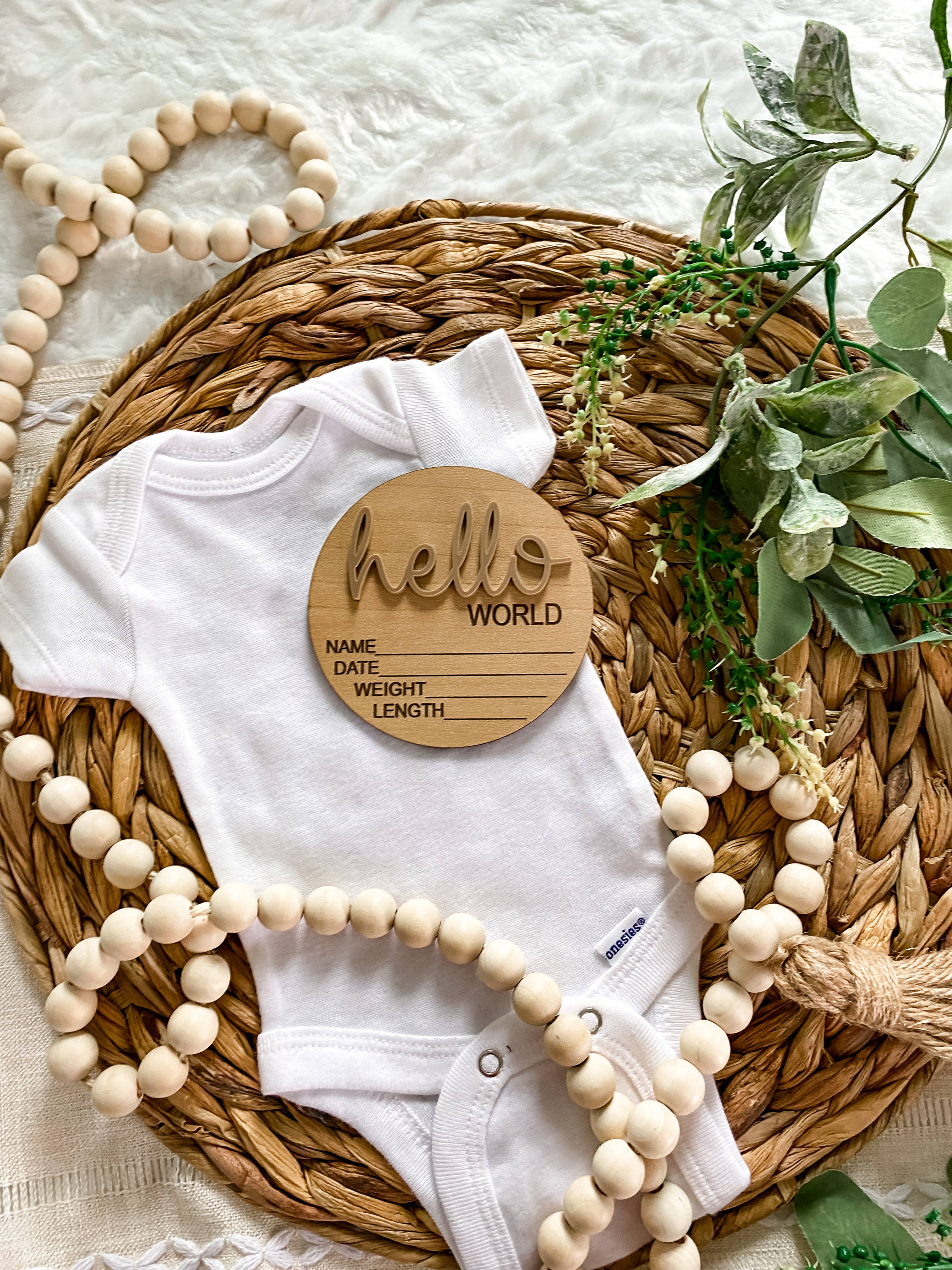 Hello World Birth Stat Announcement Wood Disc