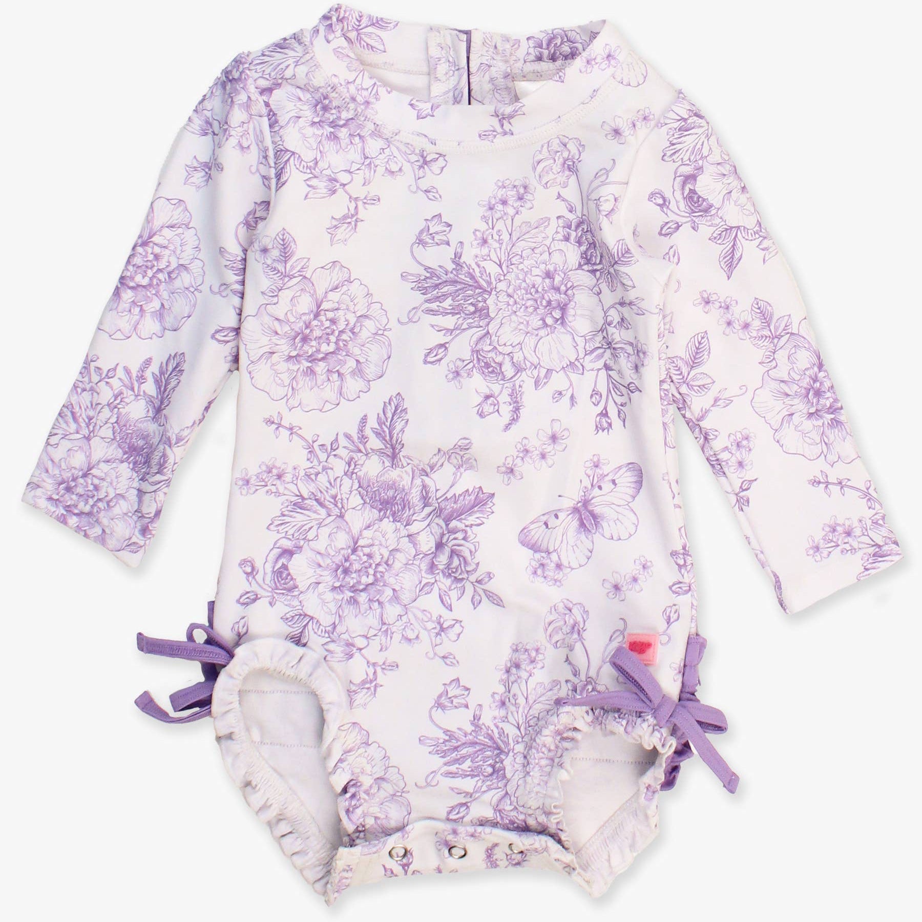Wisteria Purple Butterfly Garden Toile Long Sleeve One Piece Swimsuit