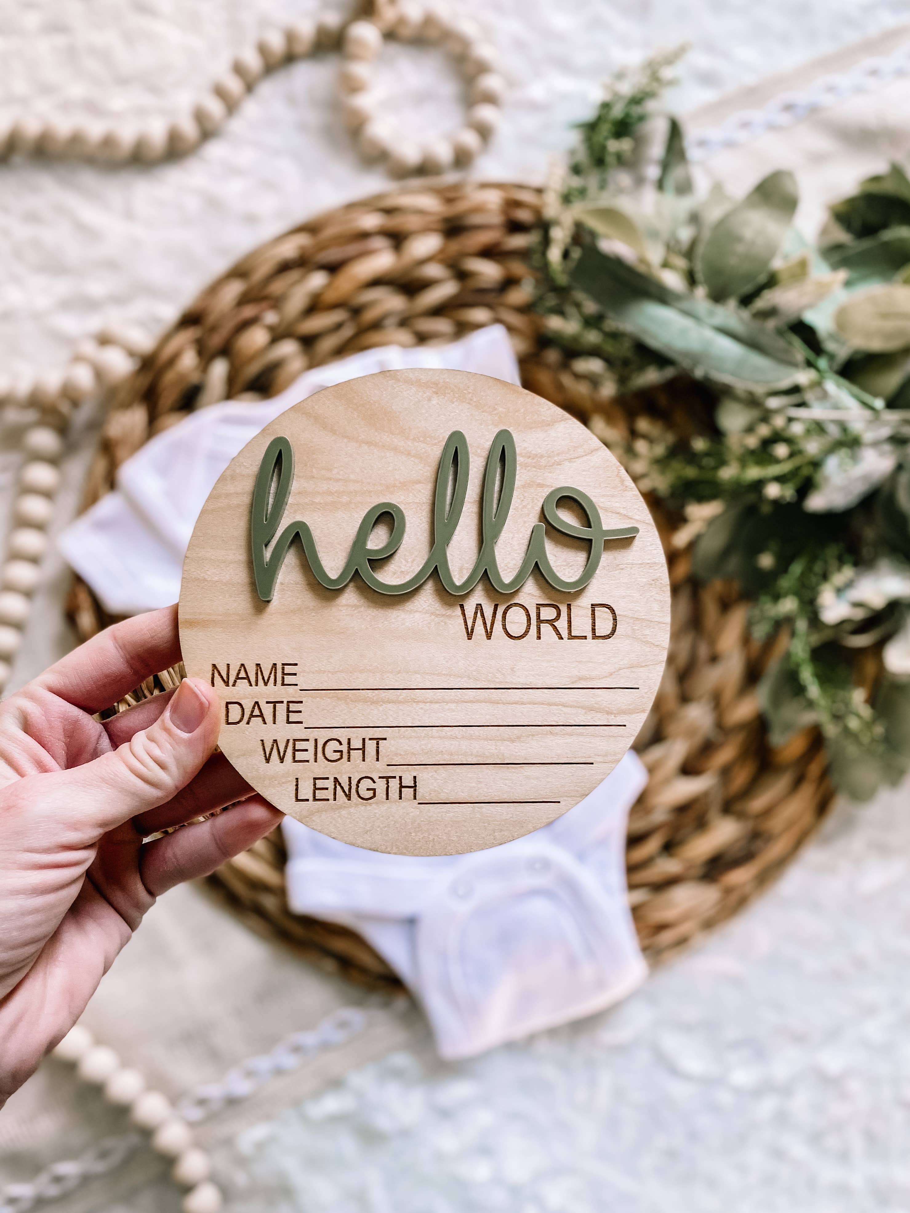 Hello World Birth Stat Announcement Wood Disc