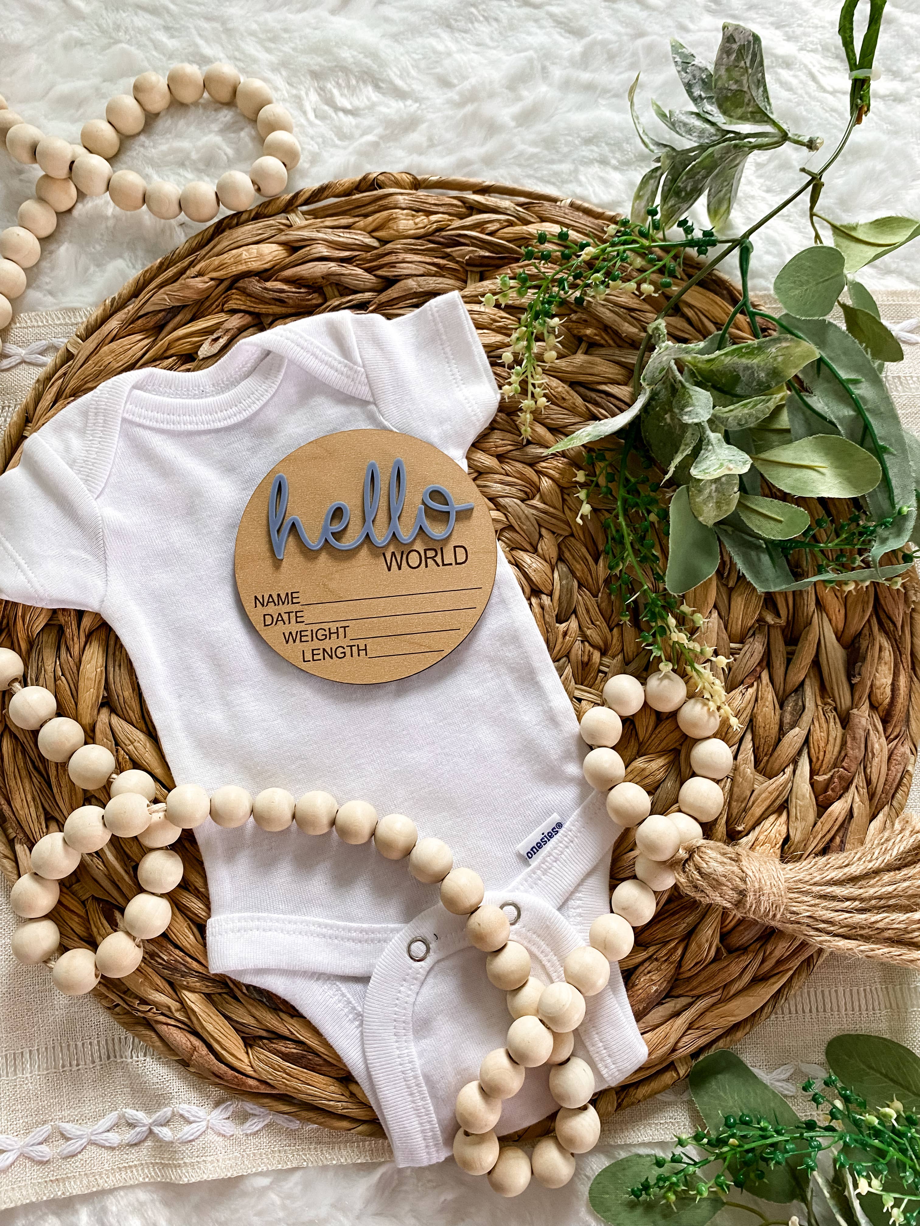 Hello World Birth Stat Announcement Wood Disc