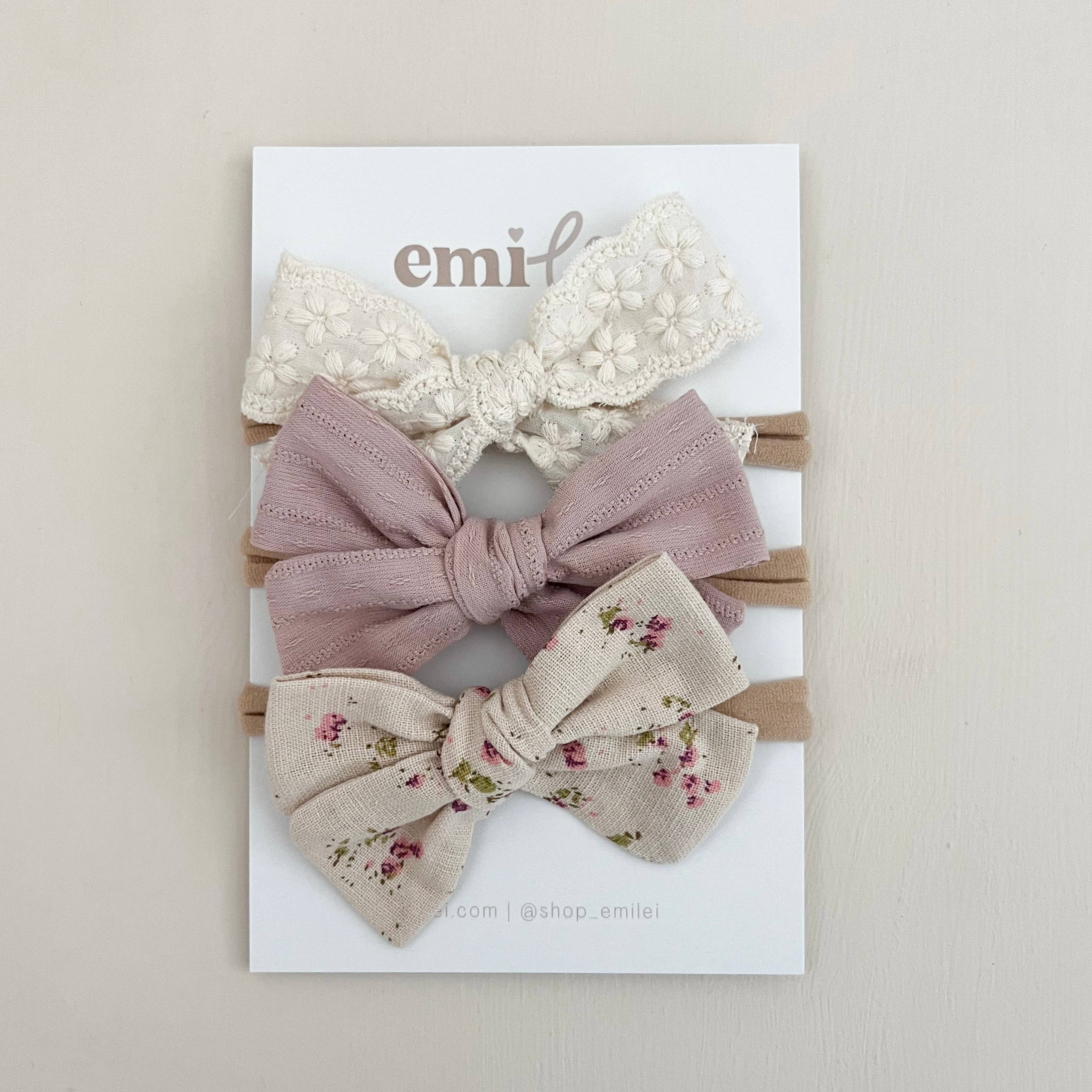 Nylon Bow Headband 3-Piece Set - Linen/Mauve/Floral