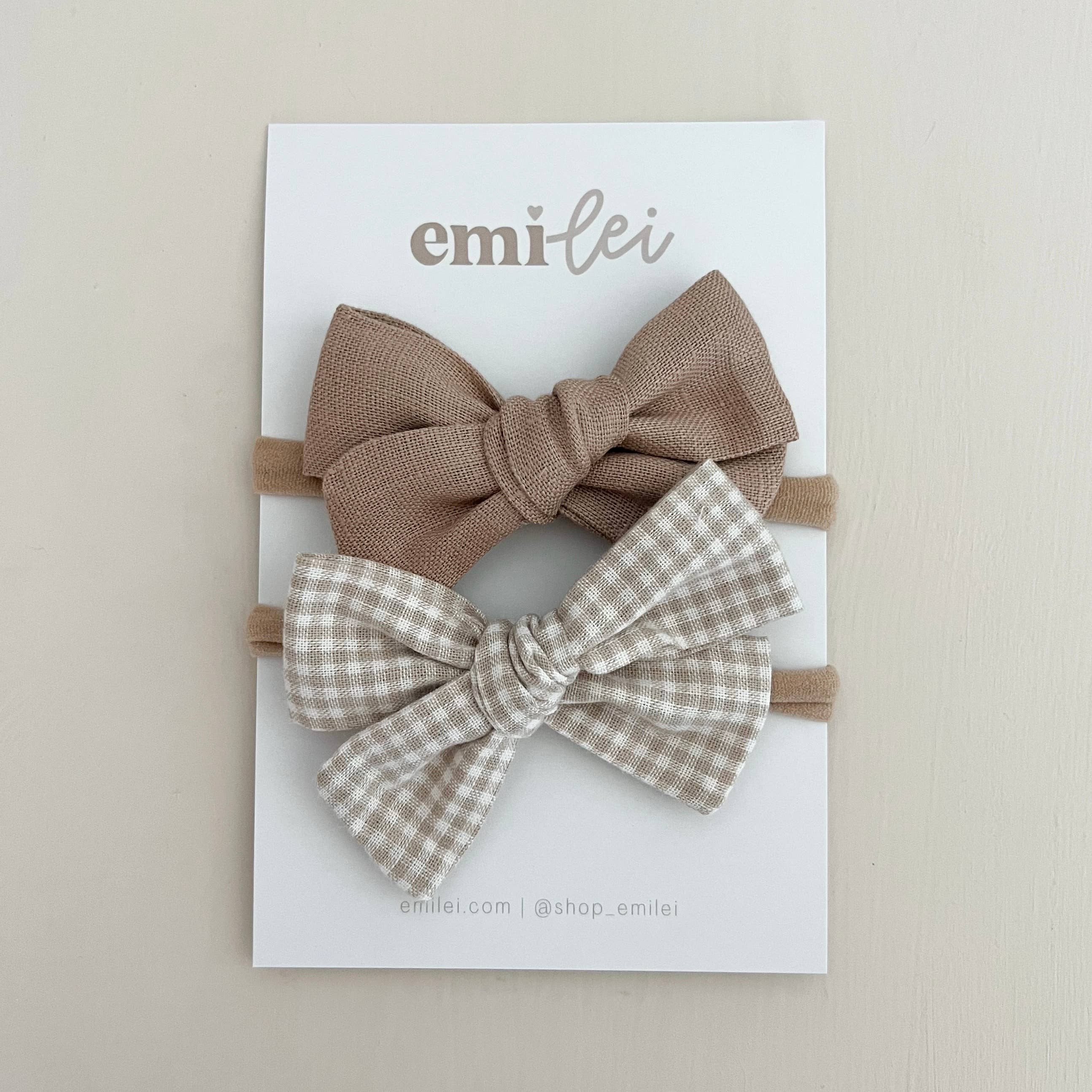 Nylon Bow Headband Set - Taupe Linen/Mini Check