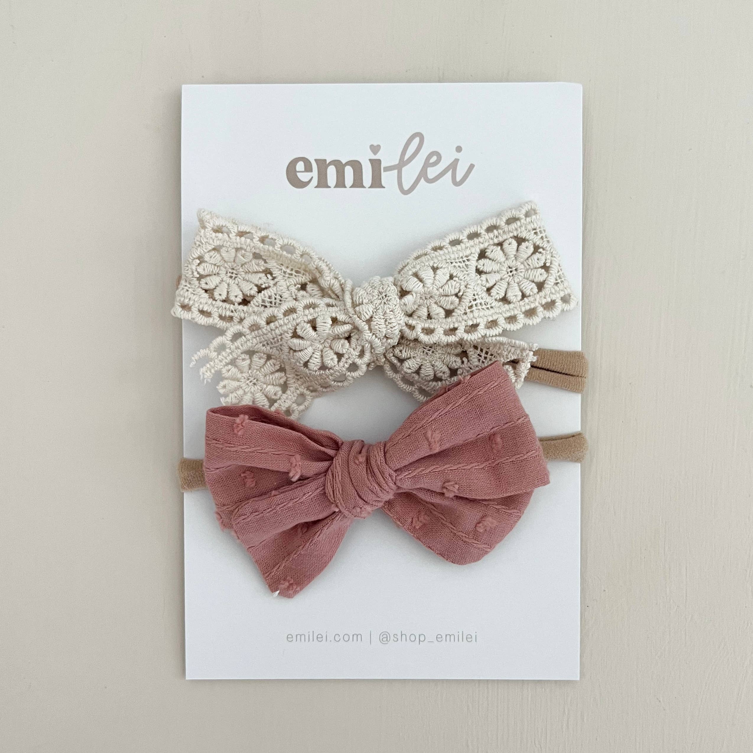 Nylon Bow Headband Set - Cream Lace/Pink