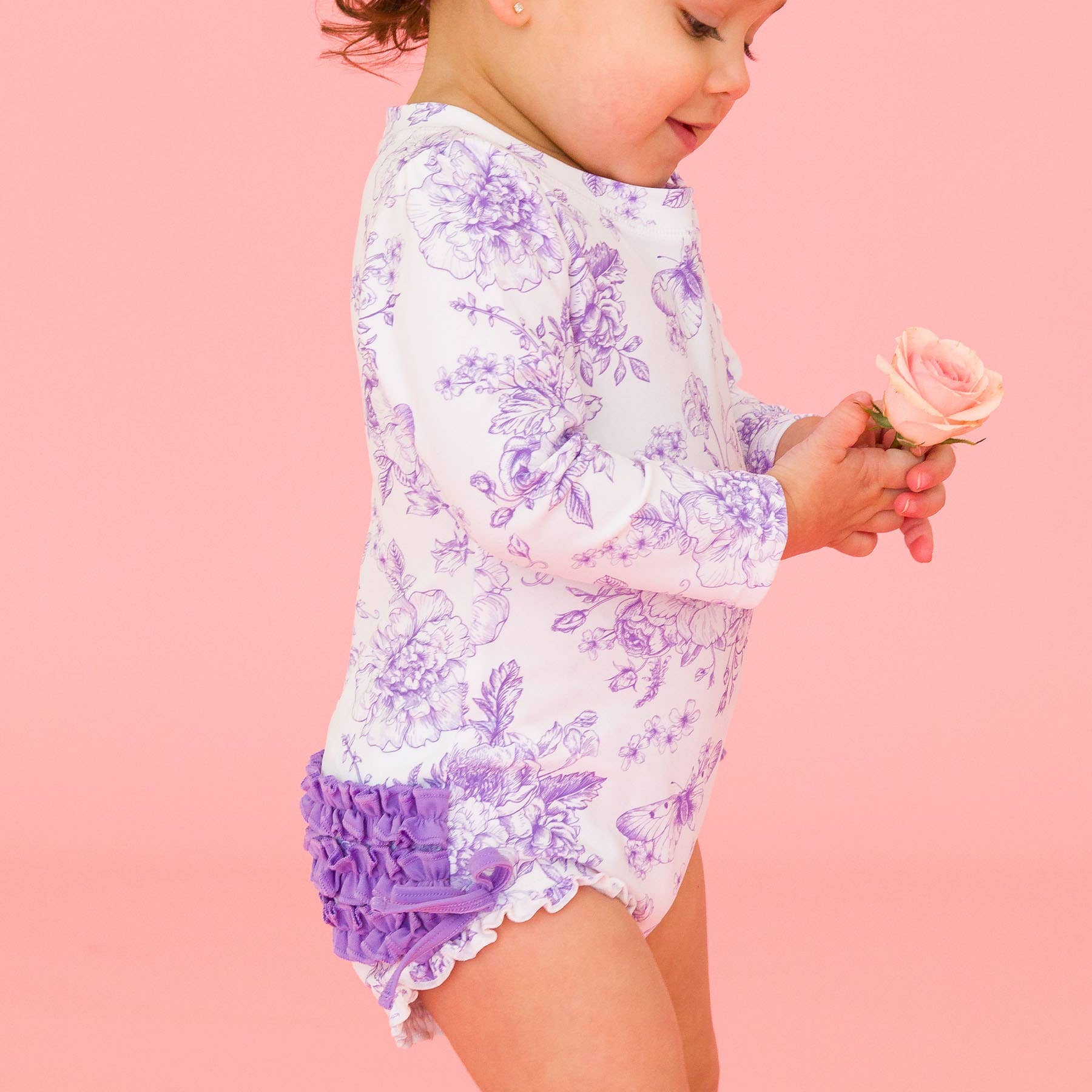 Wisteria Purple Butterfly Garden Toile Long Sleeve One Piece Swimsuit