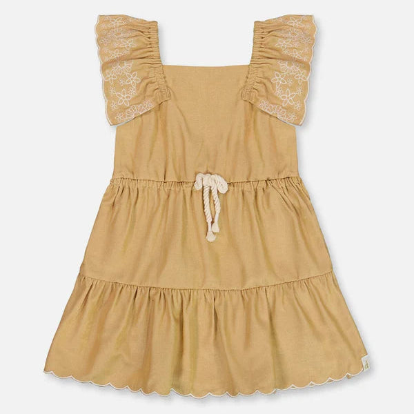 Chambray Dress With Embroidery Golden Beige