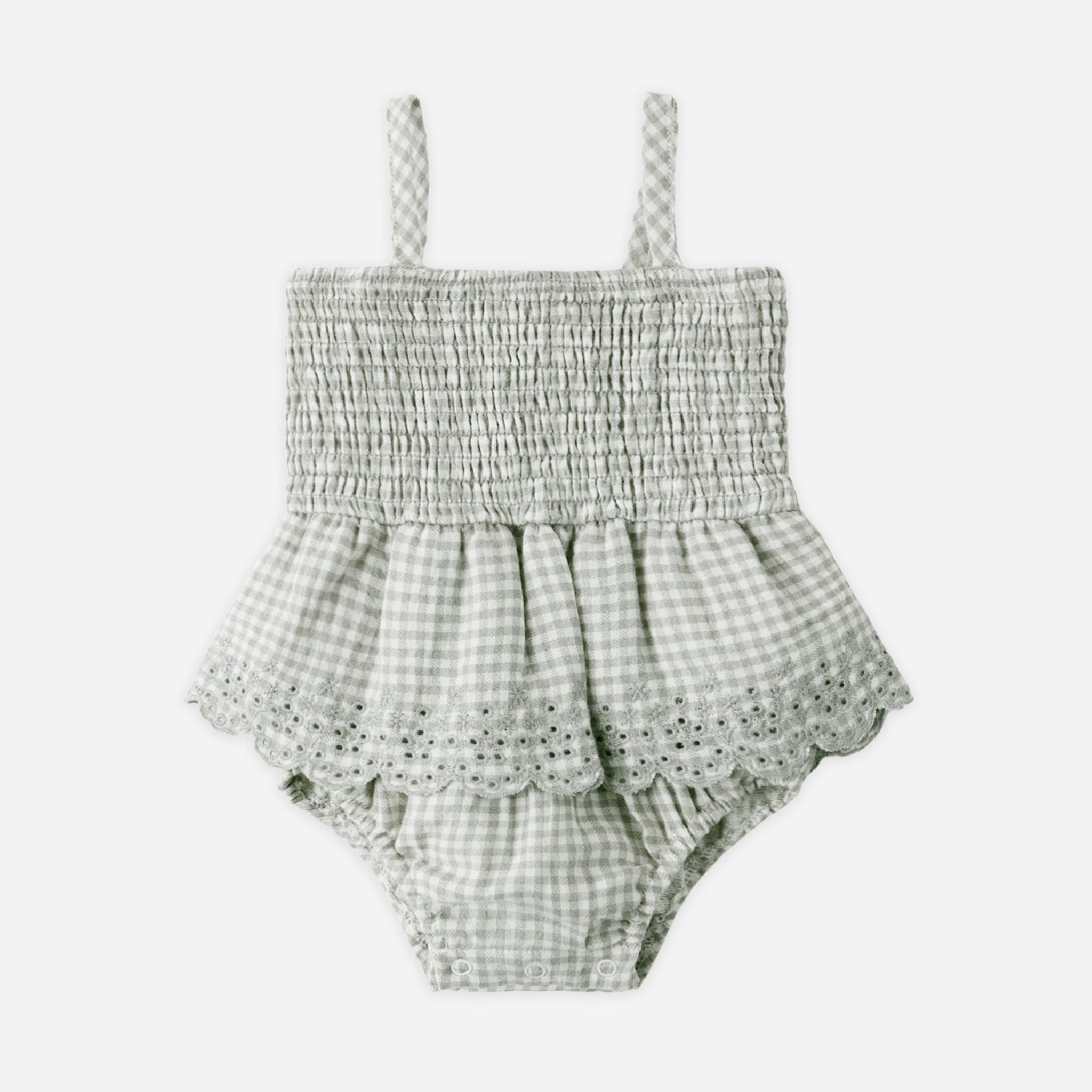 Smocked Skirted Romper | Sage Gingham