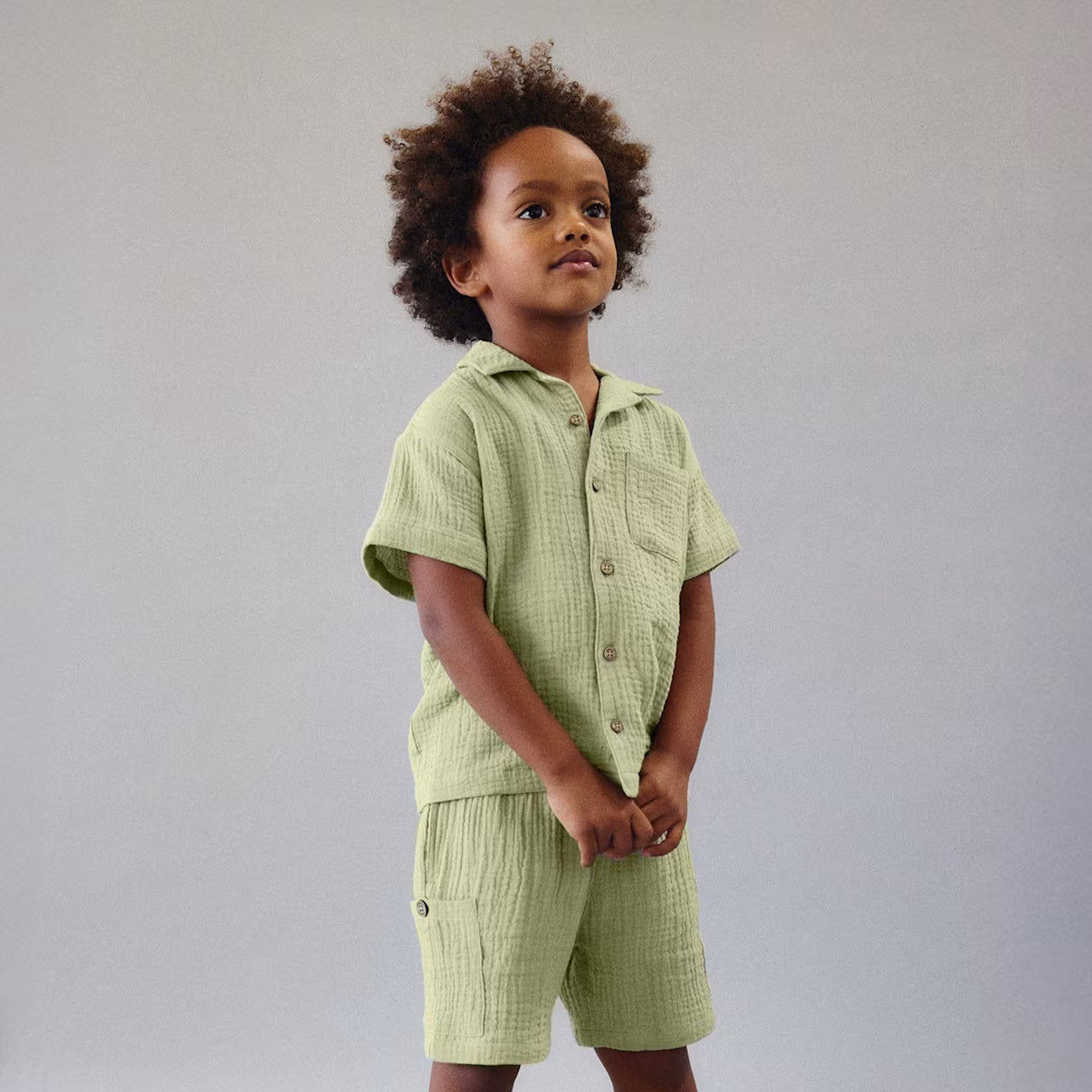 Button Up Shirt + Drawstring Shorts Set | Bamboo Green