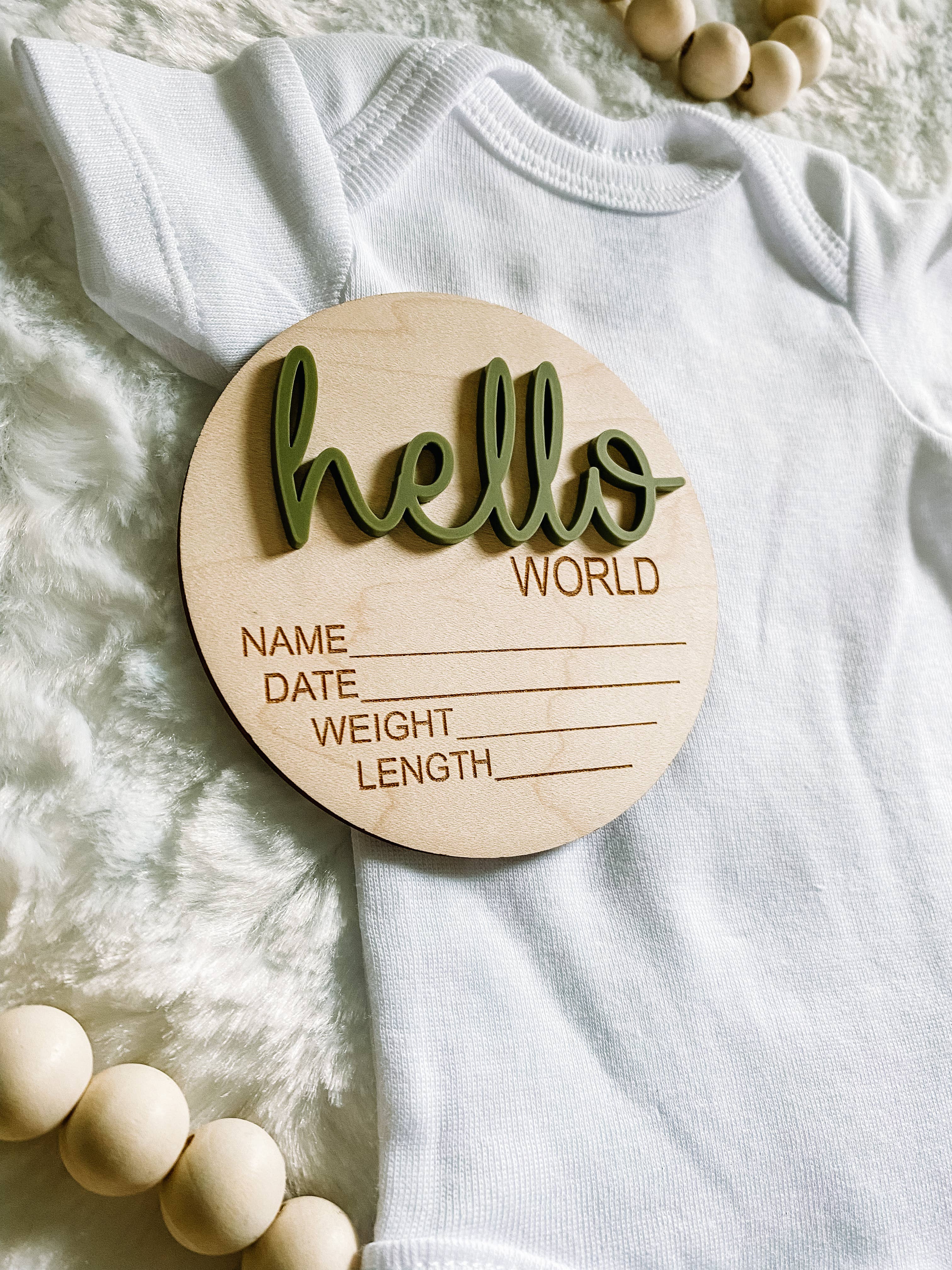 Hello World Birth Stat Announcement Wood Disc