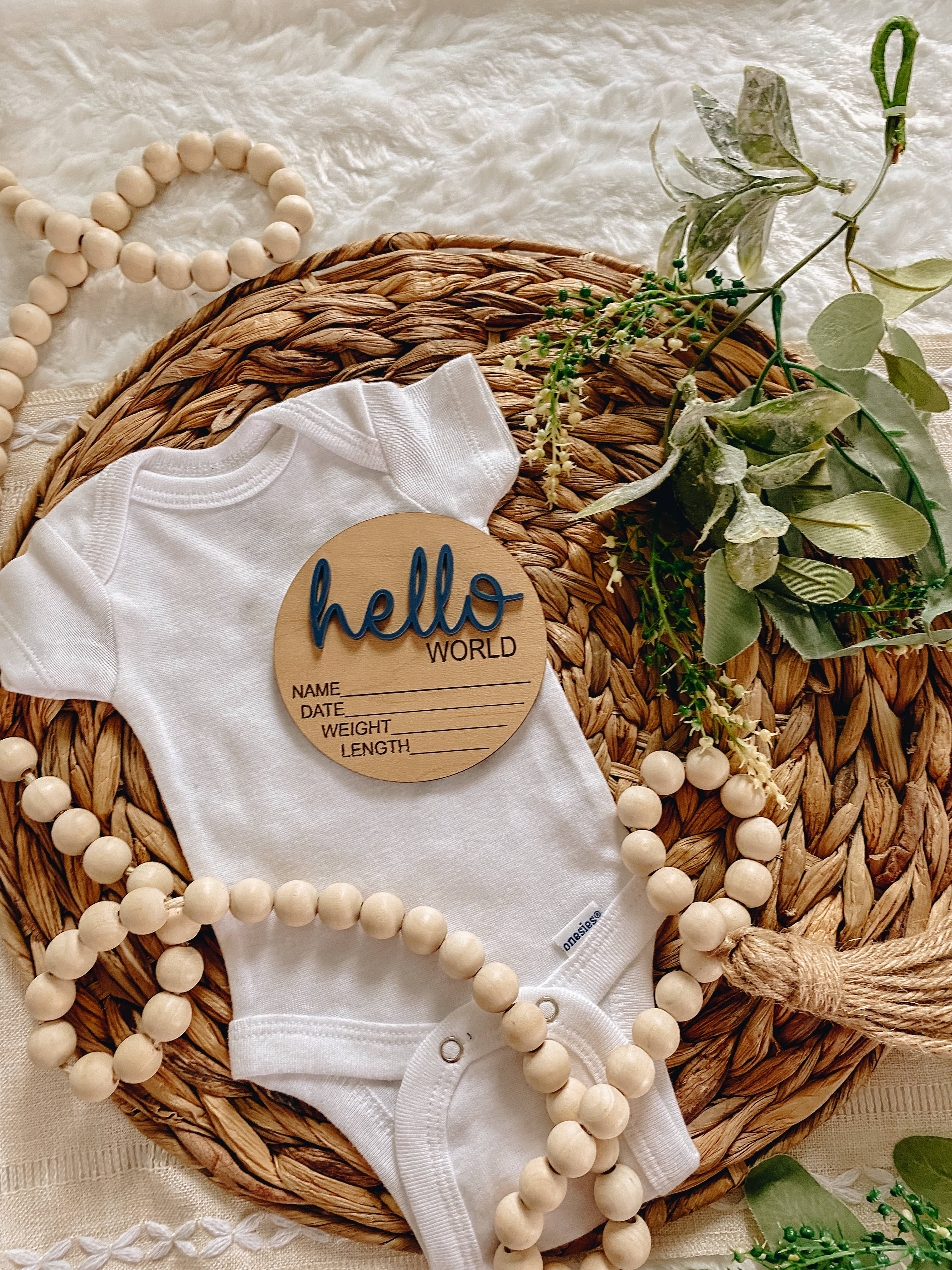 Hello World Birth Stat Announcement Wood Disc