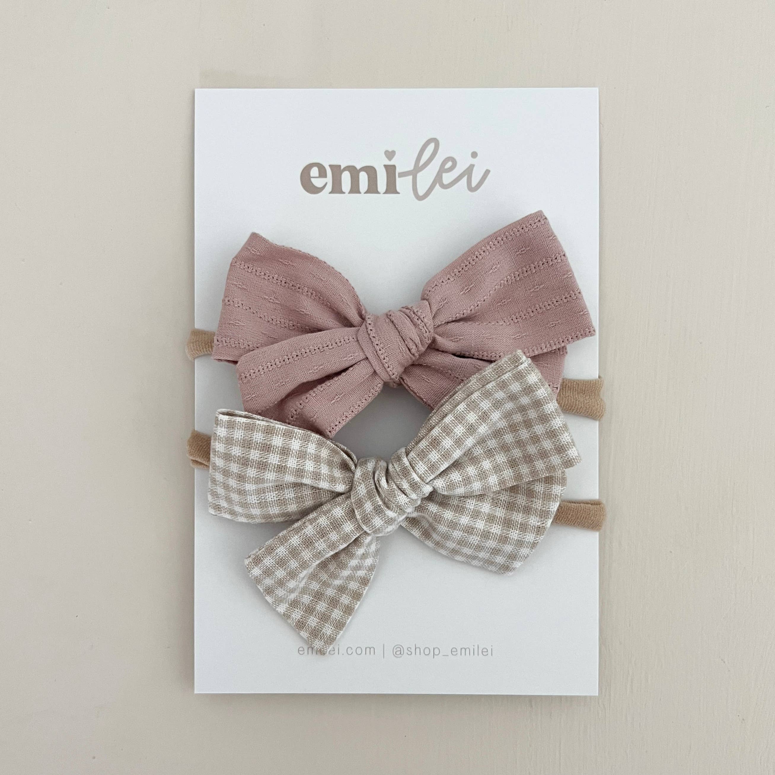 Nylon Bow Headband Set - Textured Mauve & Mini Check