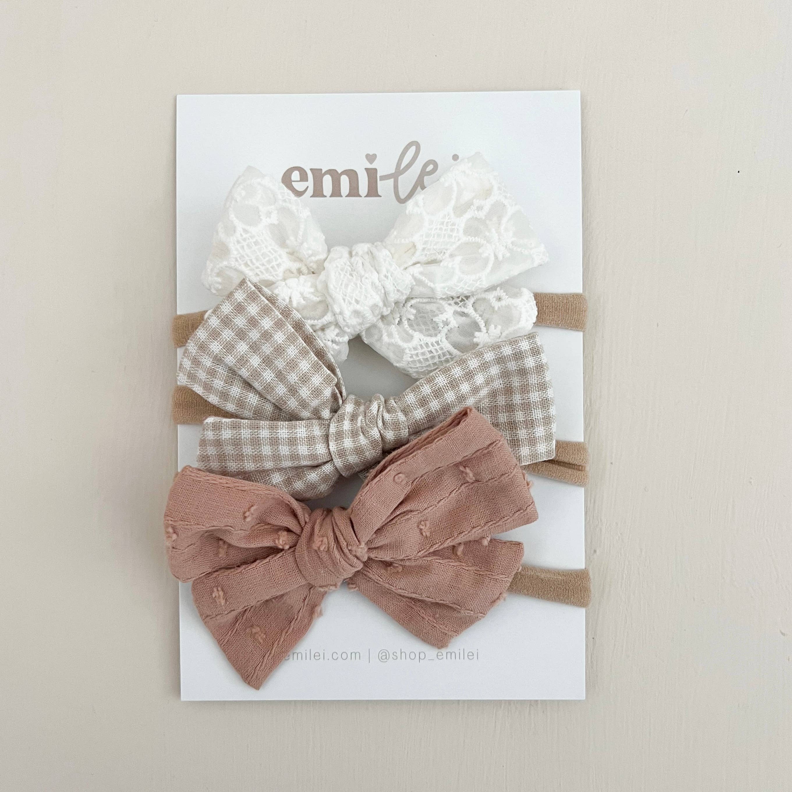 Nylon Bow Headband 3-Piece Set - Lace/Check/Mauve