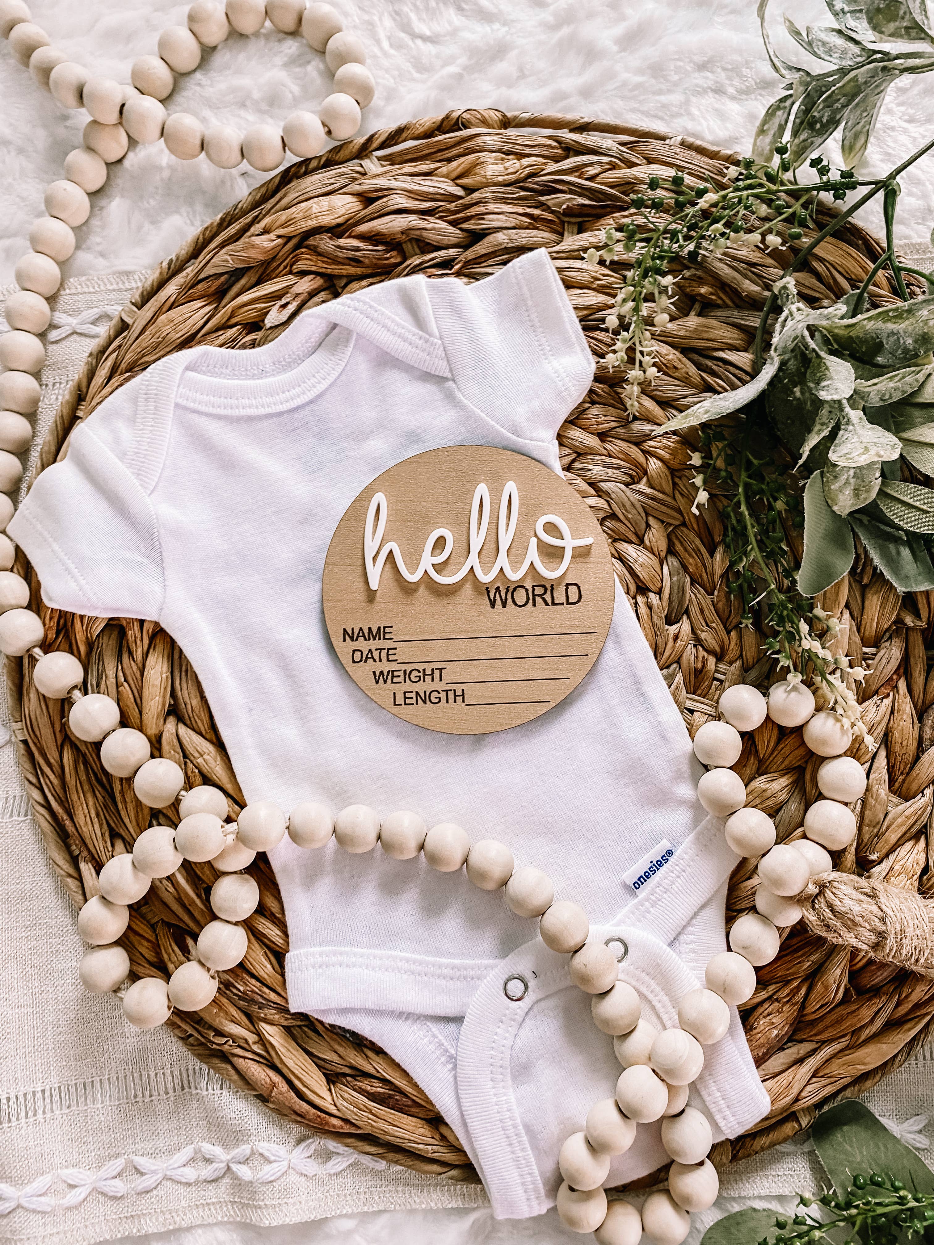Hello World Birth Stat Announcement Wood Disc