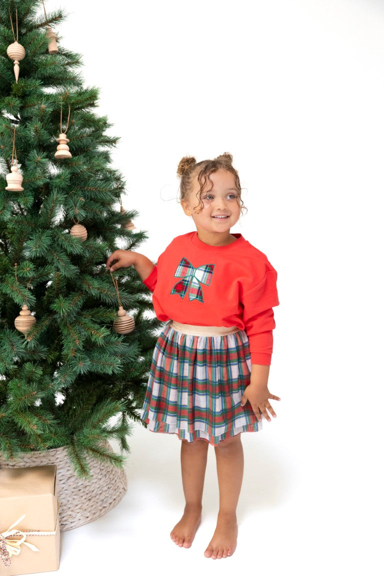 Bow Holiday Plaid Drop Sleeve Sweatshirt